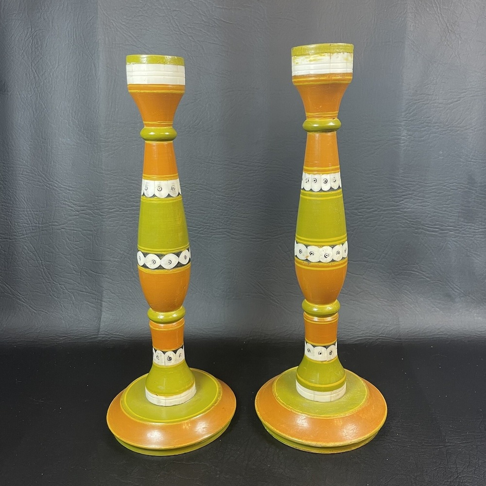 Tozai Home Wood‎ Candlestick Candle Holders Handmade India MCM Avocado Orange